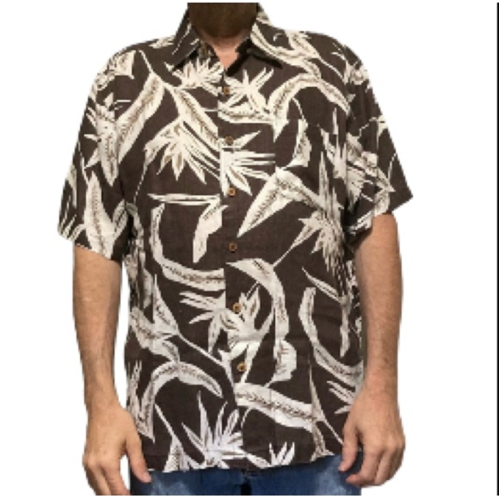 CARIBBEAN LINEN Floral Flower Button Down Shirt Brown White Leaves Men Large